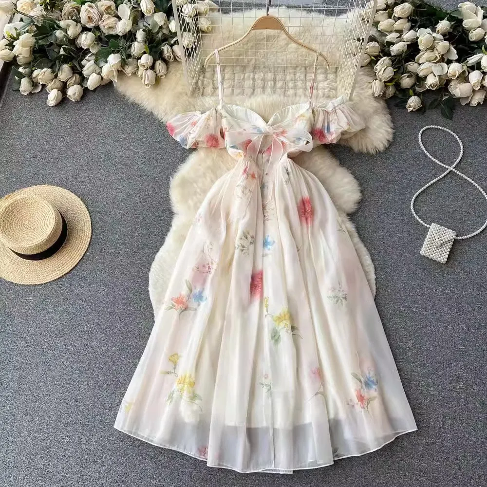 French tube top suspender dress for women floral puff sleeves mesh skirt      S4529