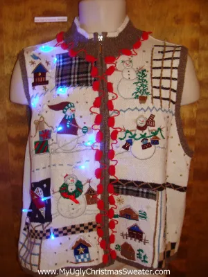 Funny Cute Light Up Ugly Xmas Sweater Vest with Pom Poms