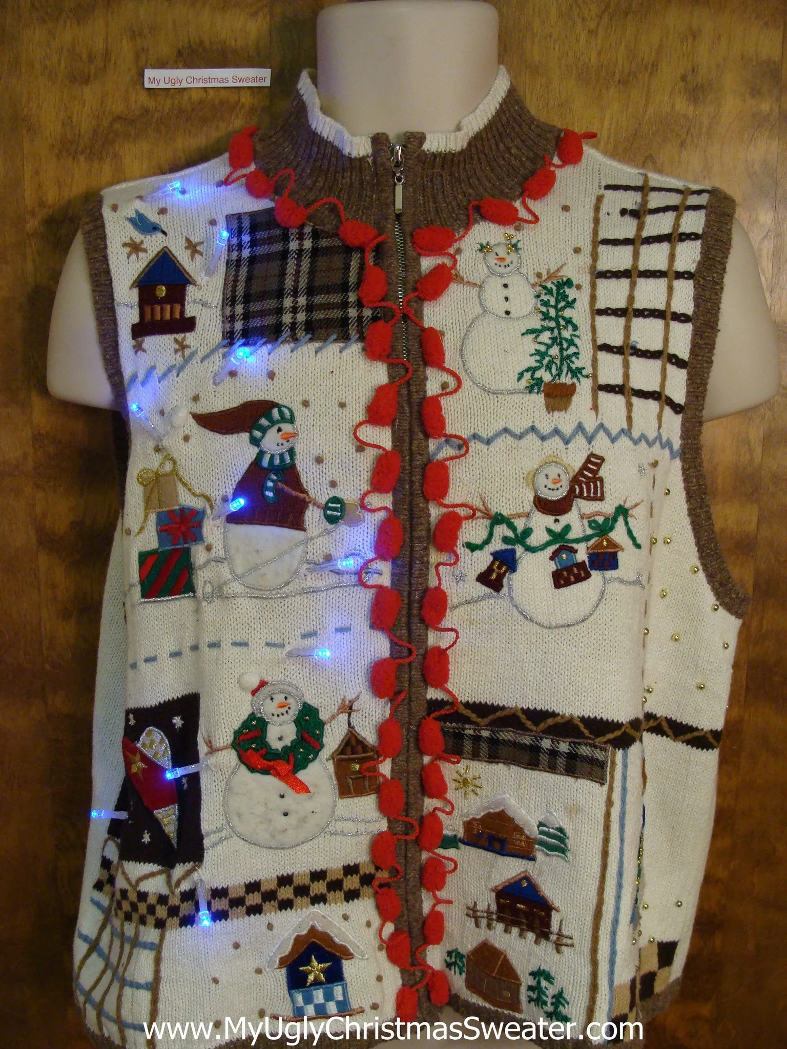 Funny Cute Light Up Ugly Xmas Sweater Vest with Pom Poms