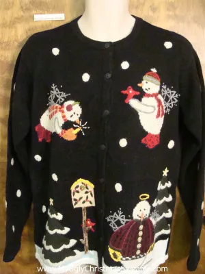 Funny Snowmen Angels Ugly Christmas Sweater Cardigan