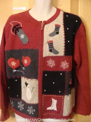 Funny Ugly Christmas Sweater Mittens, Sled, and Skates