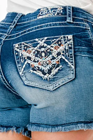 Grace in LA Ladies Aztec Colourful Embelishment Mid Rise Denim Shorts - EH61590