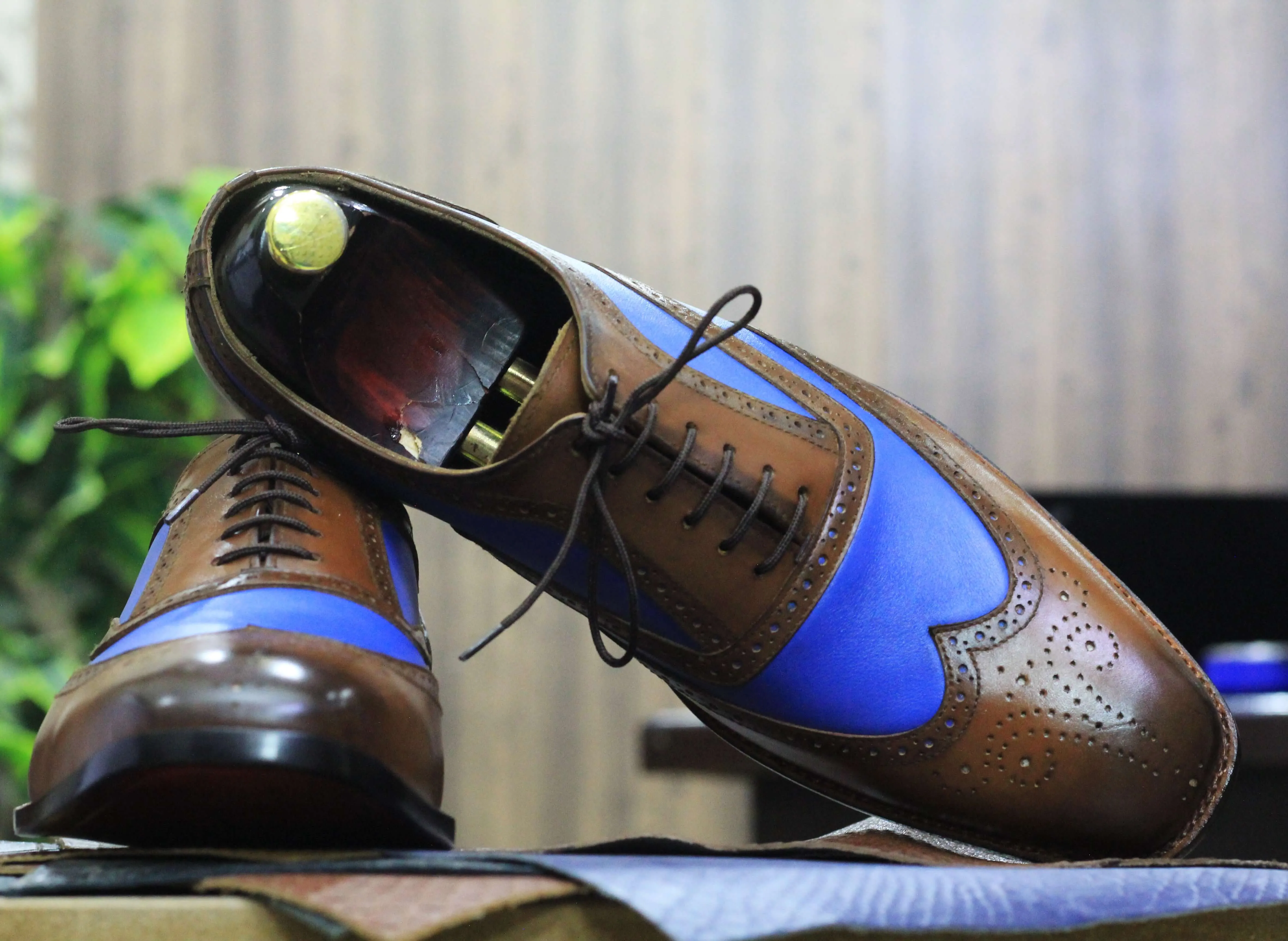 Handmade Brown Blue Pure Leather Shoes, Men's Lace Up Dress Shoes
