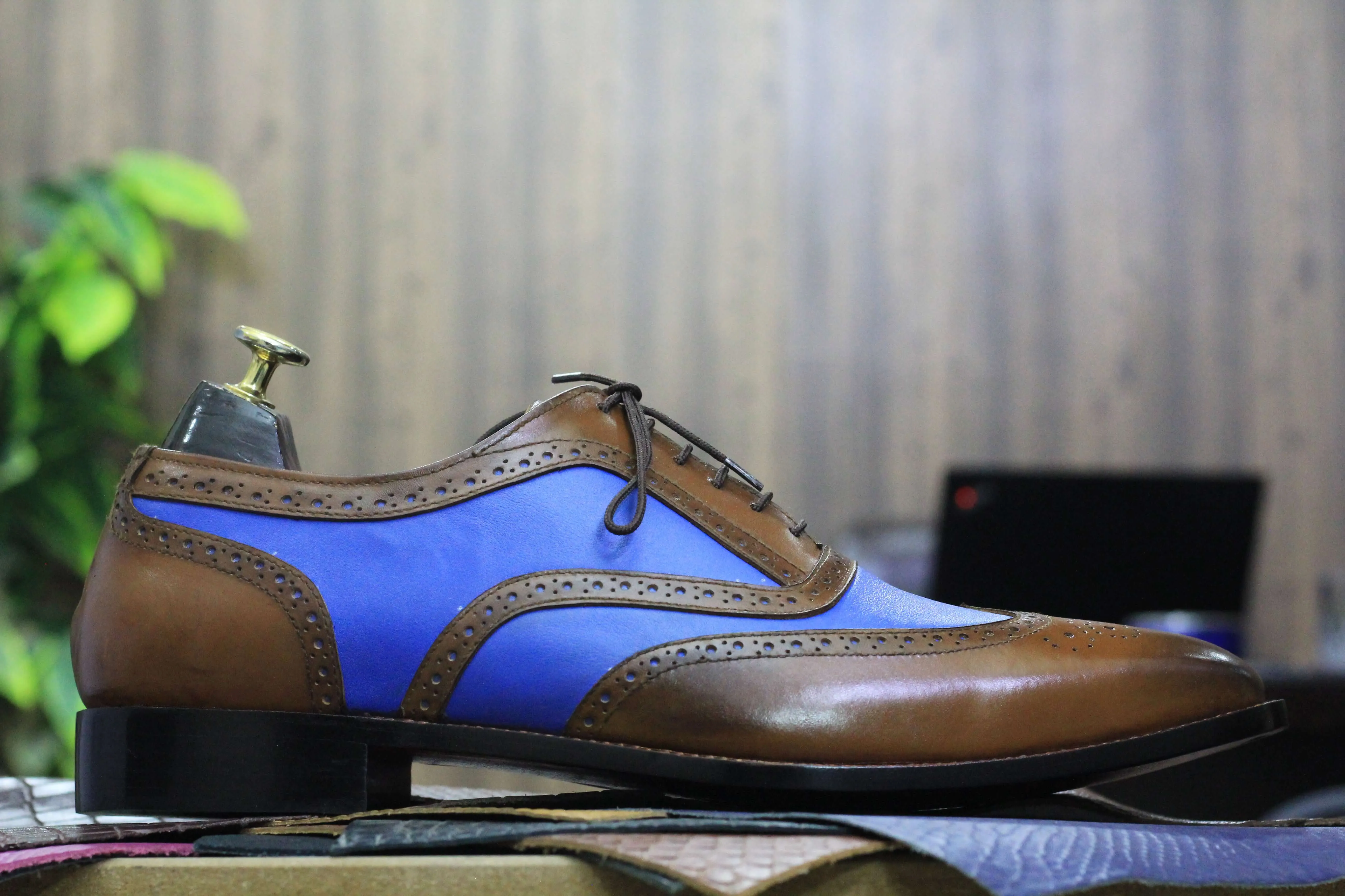 Handmade Brown Blue Pure Leather Shoes, Men's Lace Up Dress Shoes