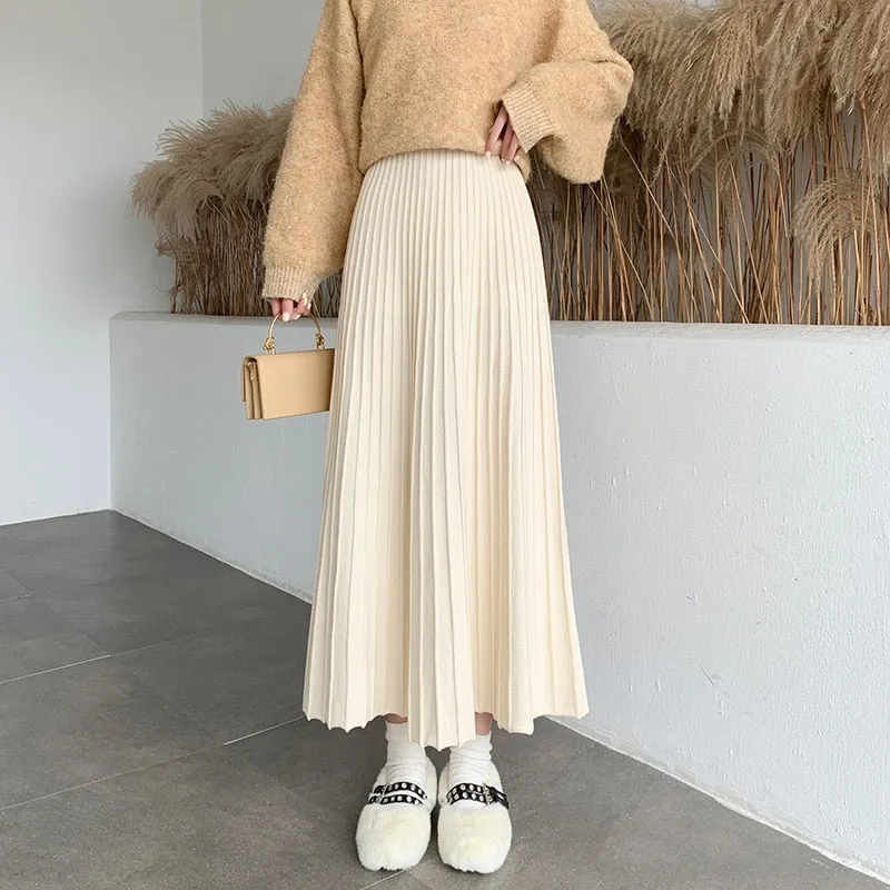 High Waist Winter  Women Skirt Folds Loose A-Line Elegant Mid-Calf Long Skirts For Women