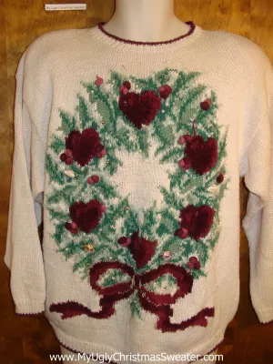 Horrible 80s Poinsettia Hearts Wreath Bad Christmas Sweater