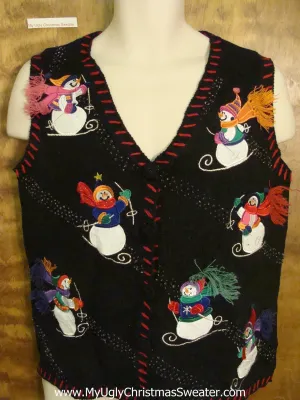 Horrible Ugly Christmas Sweater Vest with Skiing Snowmen