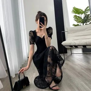 Lace Retro Hepburn Square Collar French Style Dress