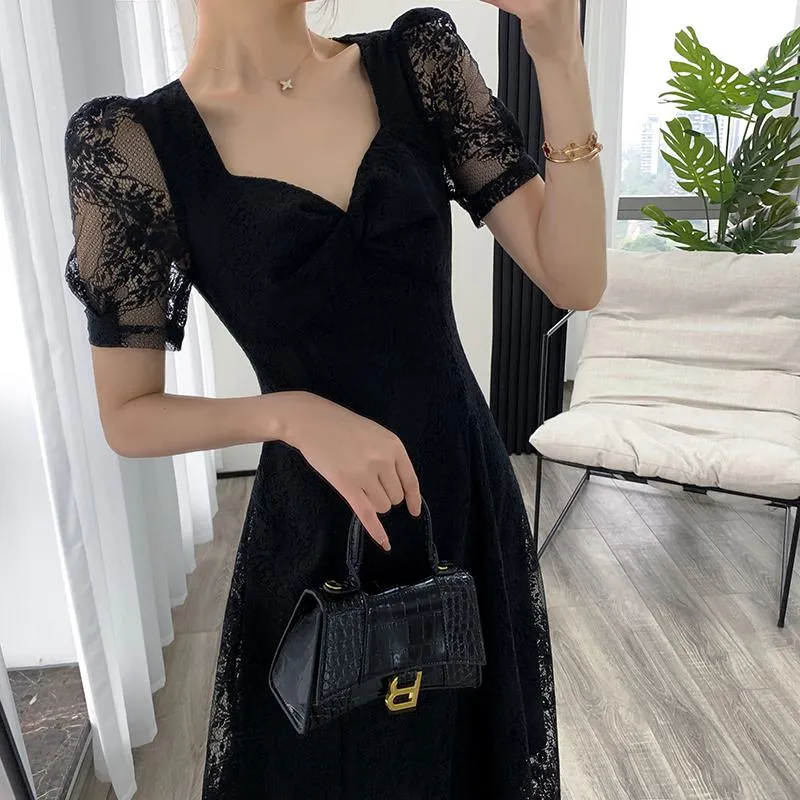 Lace Retro Hepburn Square Collar French Style Dress