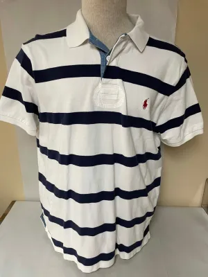 <€€*v Mens RALPH  LAUREN Custom Fit POLO Cotton Short Sleeve Shirt XL Blue Stripe