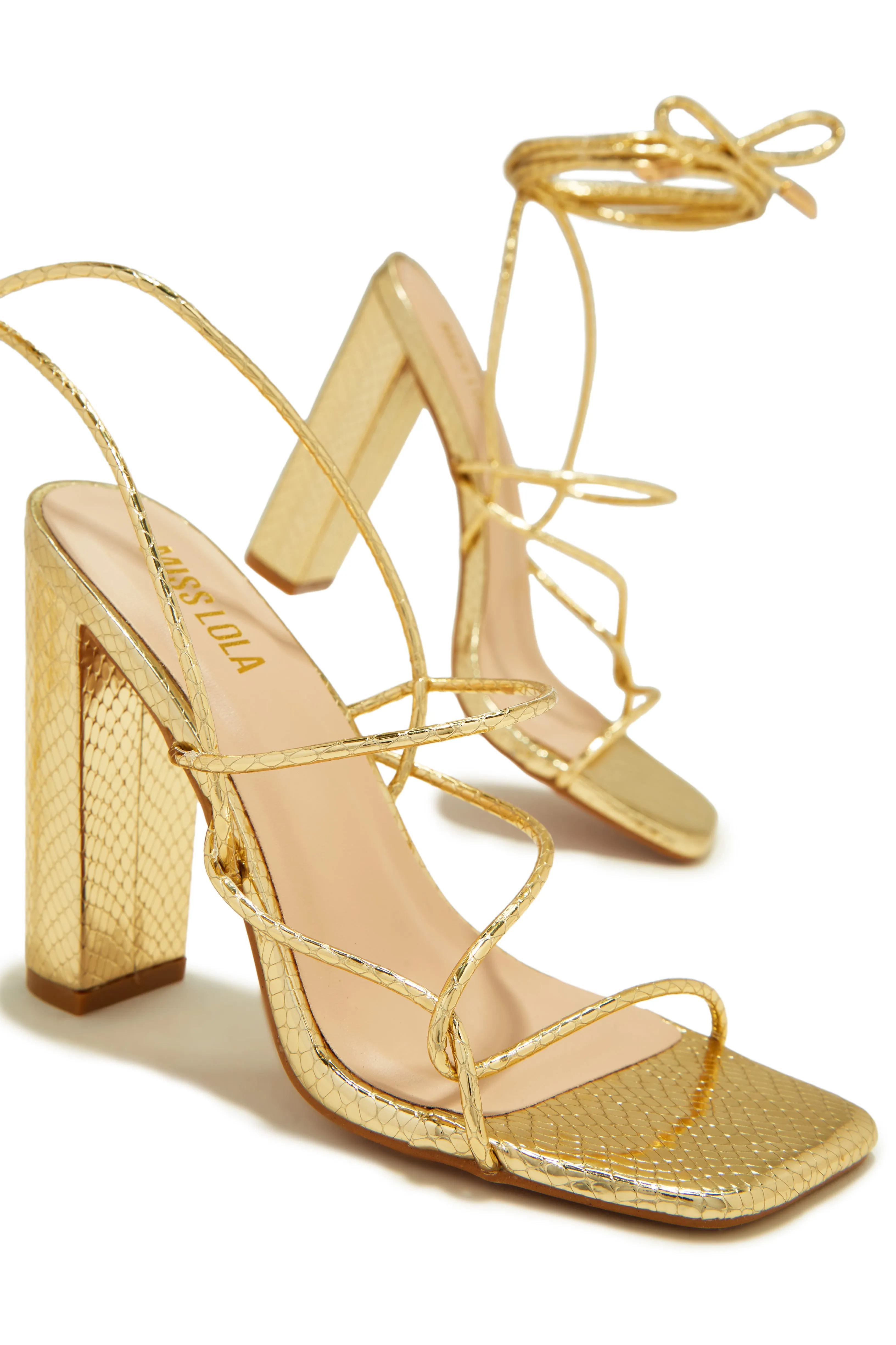 Luciana Lace Up Block High Heels - Gold