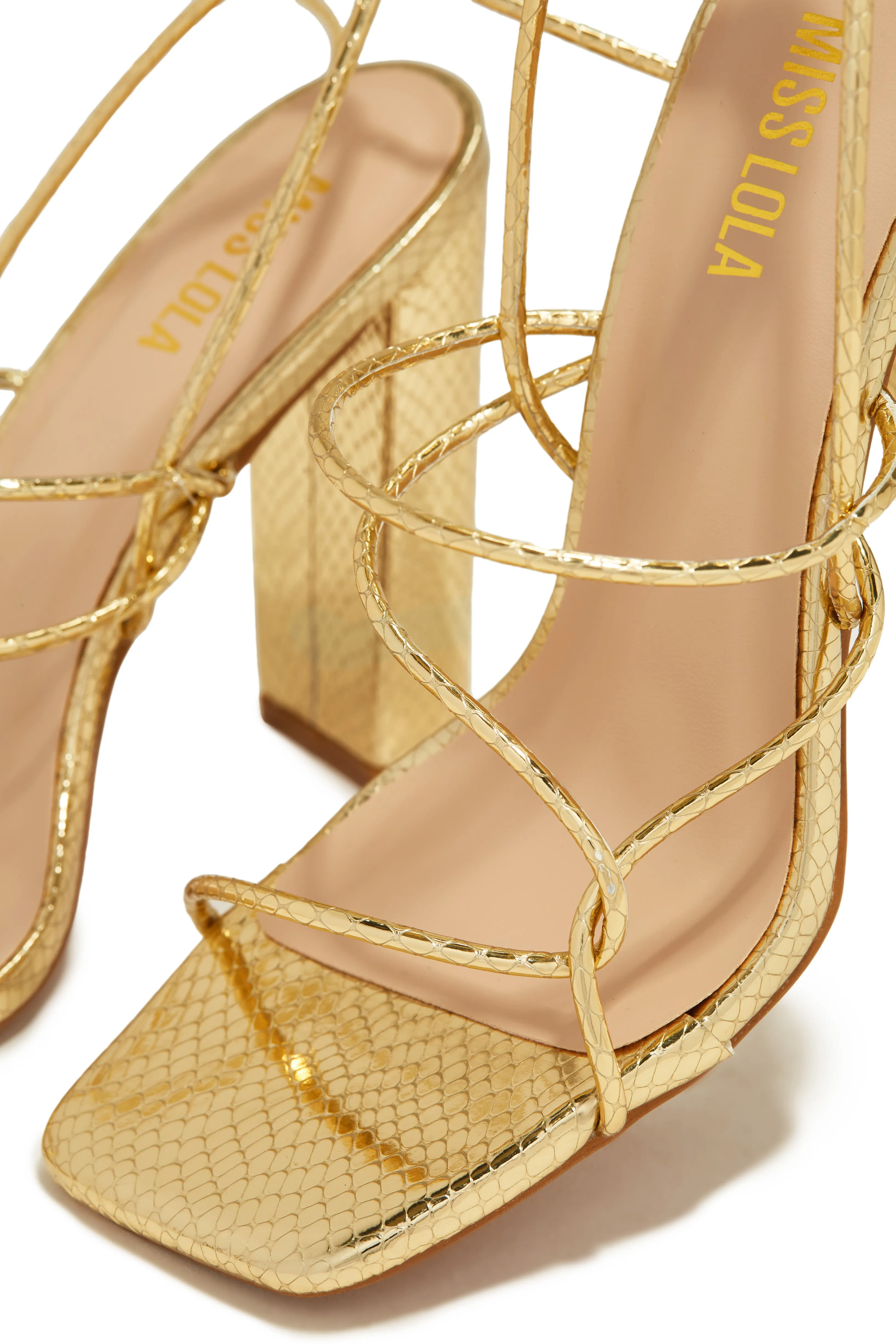 Luciana Lace Up Block High Heels - Gold