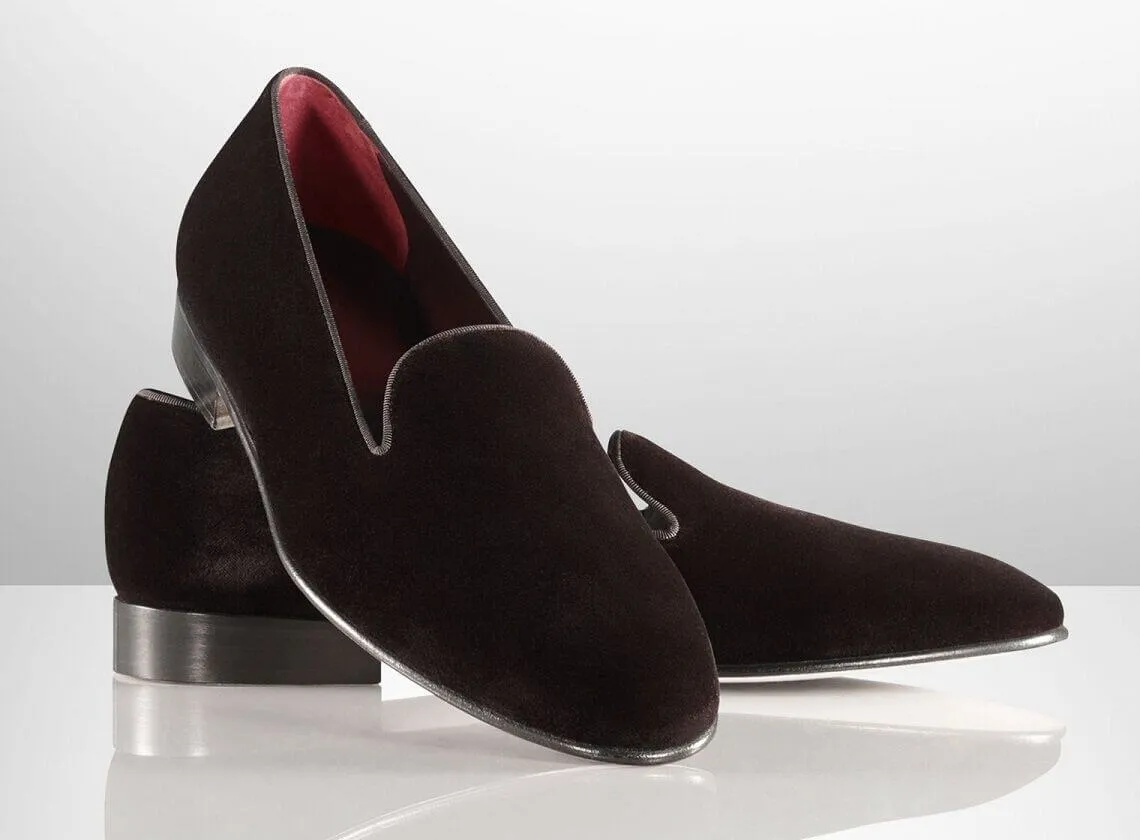 MEN BROWN VELVET LOAFER SLIPPERS WITH LEATHER SOLE, MENS VELVET SHOES