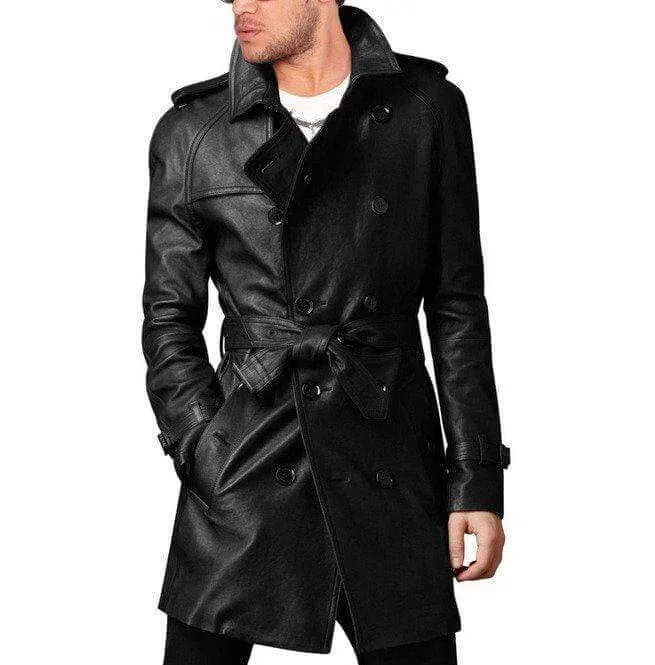 Men Leather Trench Coat Men's Belted Long Leather Coat Men's Jackets