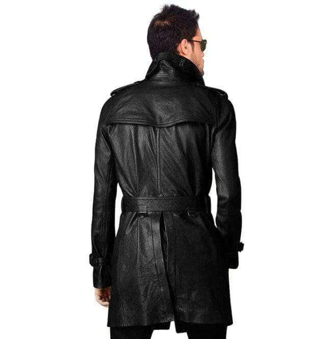 Men Leather Trench Coat Men's Belted Long Leather Coat Men's Jackets