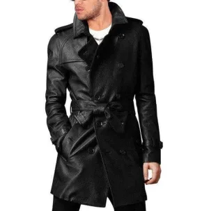 Men Leather Trench Coat Men's Belted Long Leather Coat Men's Jackets