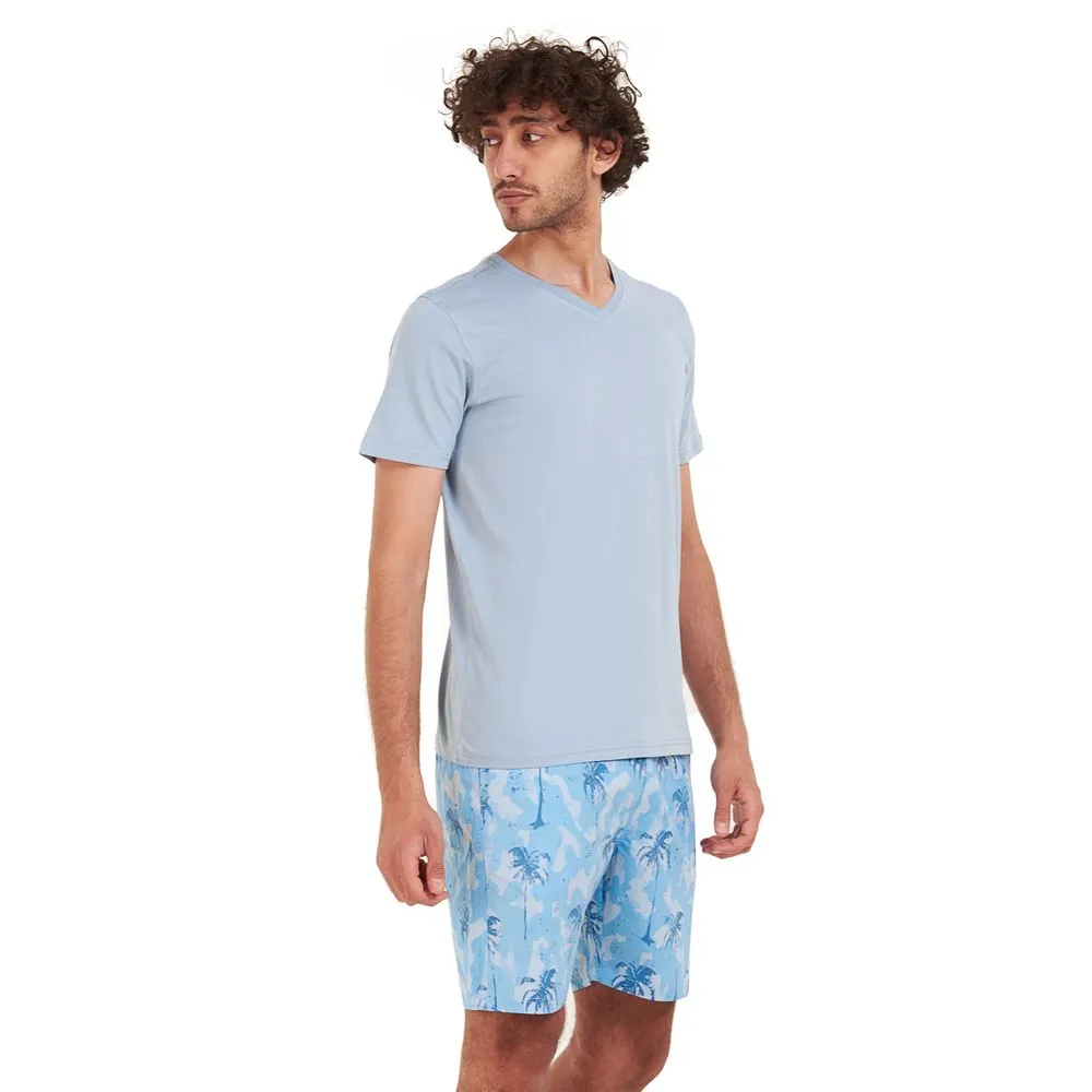 Men summer pajama set Light blue T-shirt   Light blue Palm short