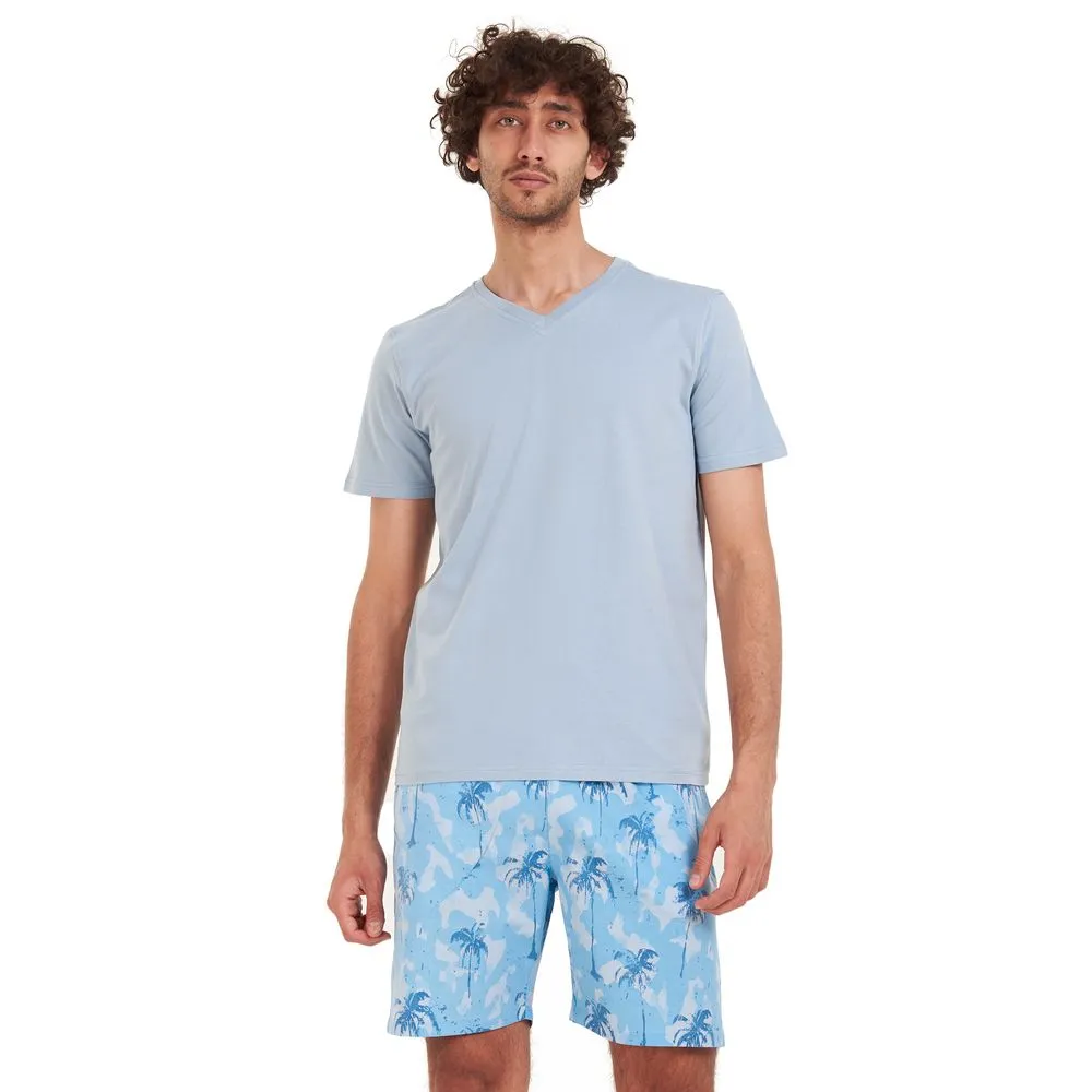 Men summer pajama set Light blue T-shirt   Light blue Palm short