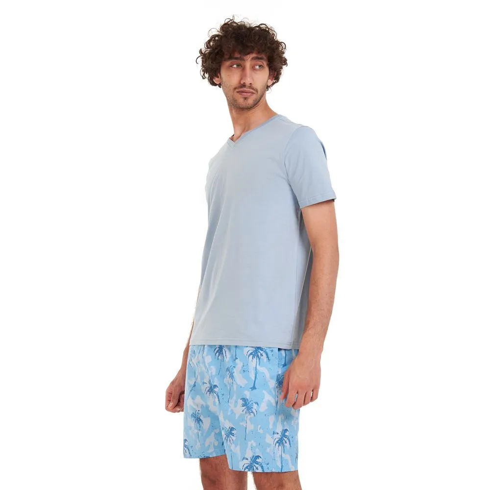 Men summer pajama set Light blue T-shirt   Light blue Palm short
