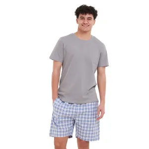 Men summer pajama set Light Grey T-shirt   Indigo x White Checkered short