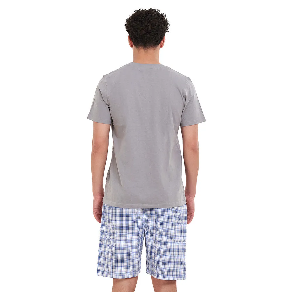 Men summer pajama set Light Grey T-shirt   Indigo x White Checkered short
