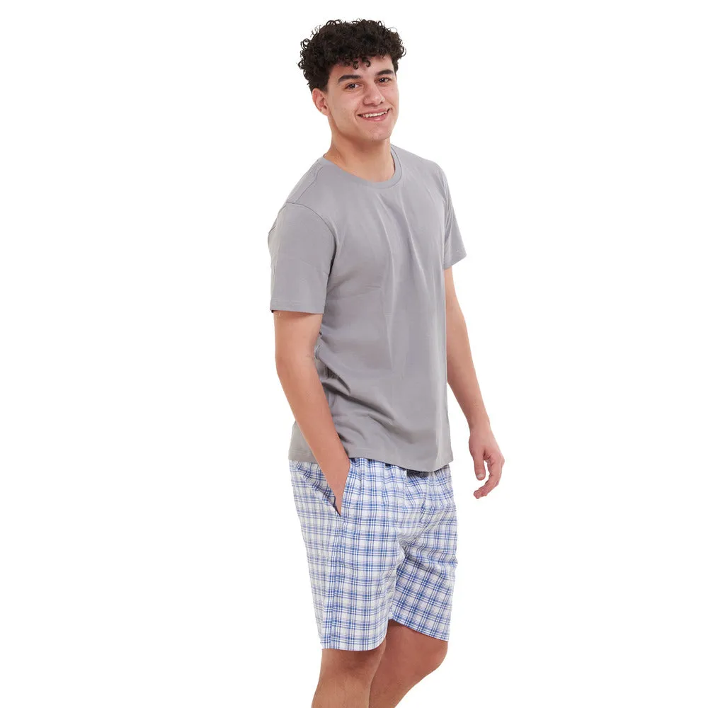 Men summer pajama set Light Grey T-shirt   Indigo x White Checkered short