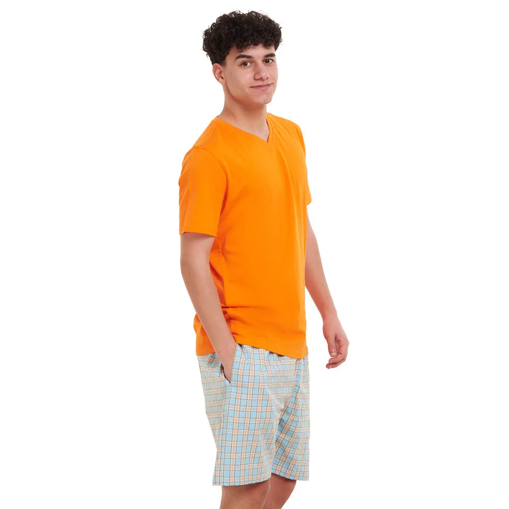 Men summer pajama set Orange T-shirt   Orange x Aqua Checkered short