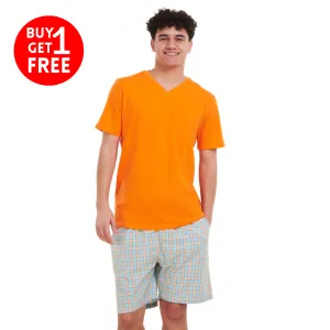 Men summer pajama set Orange T-shirt   Orange x Aqua Checkered short