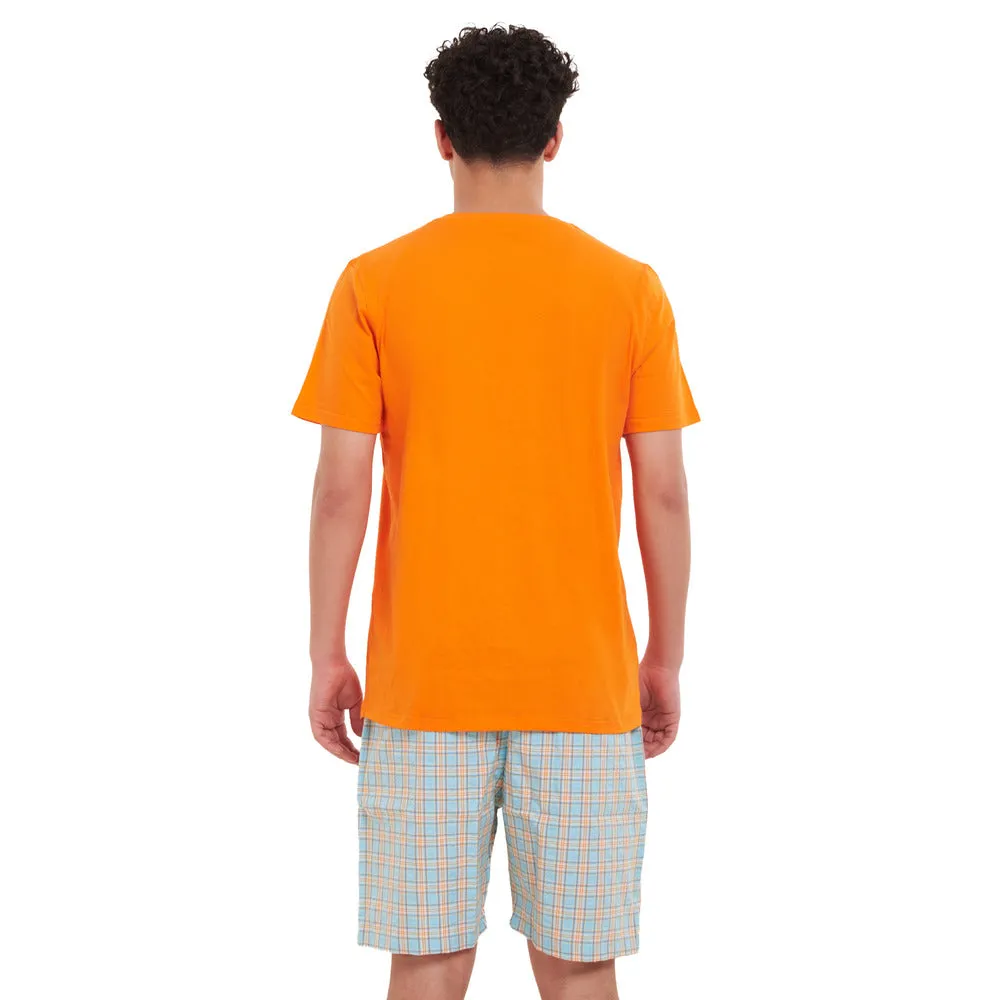 Men summer pajama set Orange T-shirt   Orange x Aqua Checkered short
