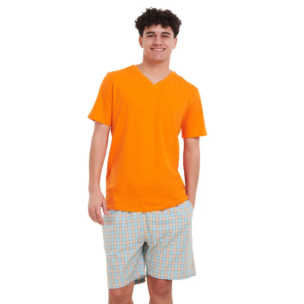 Men summer pajama set Orange T-shirt   Orange x Aqua Checkered short