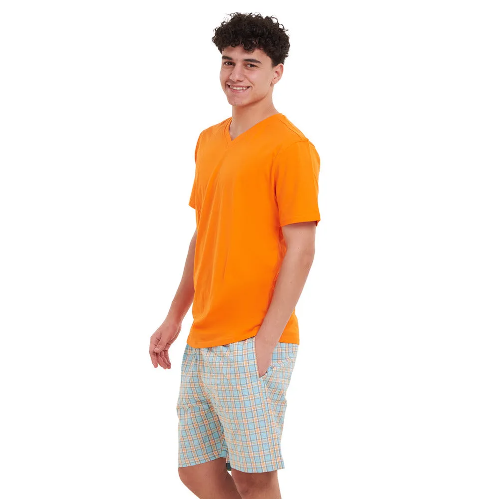Men summer pajama set Orange T-shirt   Orange x Aqua Checkered short