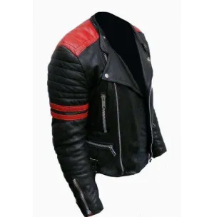 Men's Black & Red Color Brando Fashion Jacket, Men's Red Striped Leather Jacket