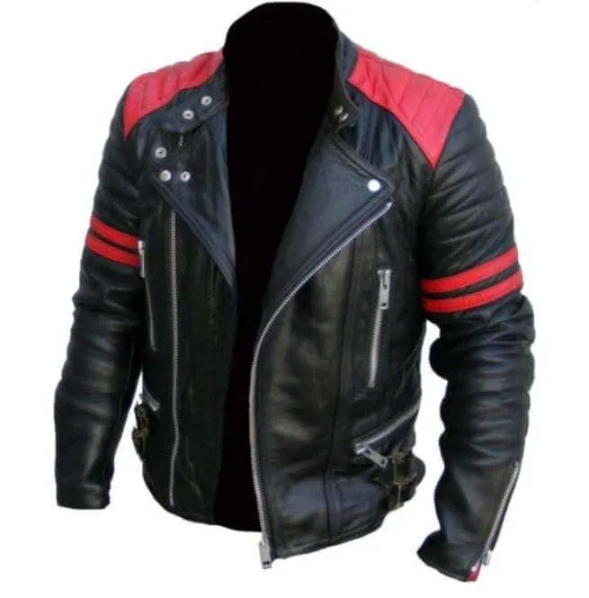 Men's Black & Red Color Brando Fashion Jacket, Men's Red Striped Leather Jacket