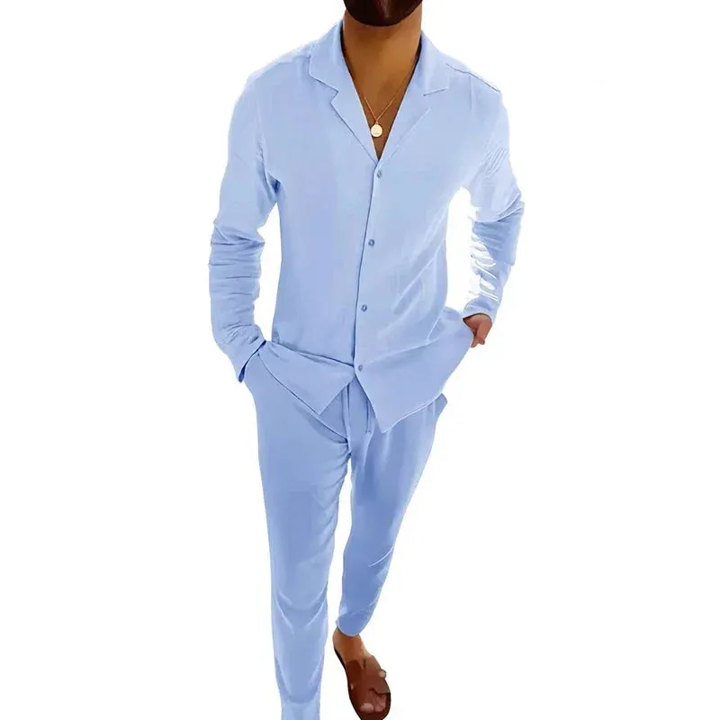 Men's Long Sleeve Button Shirts Top And Drawstring Pants Sets