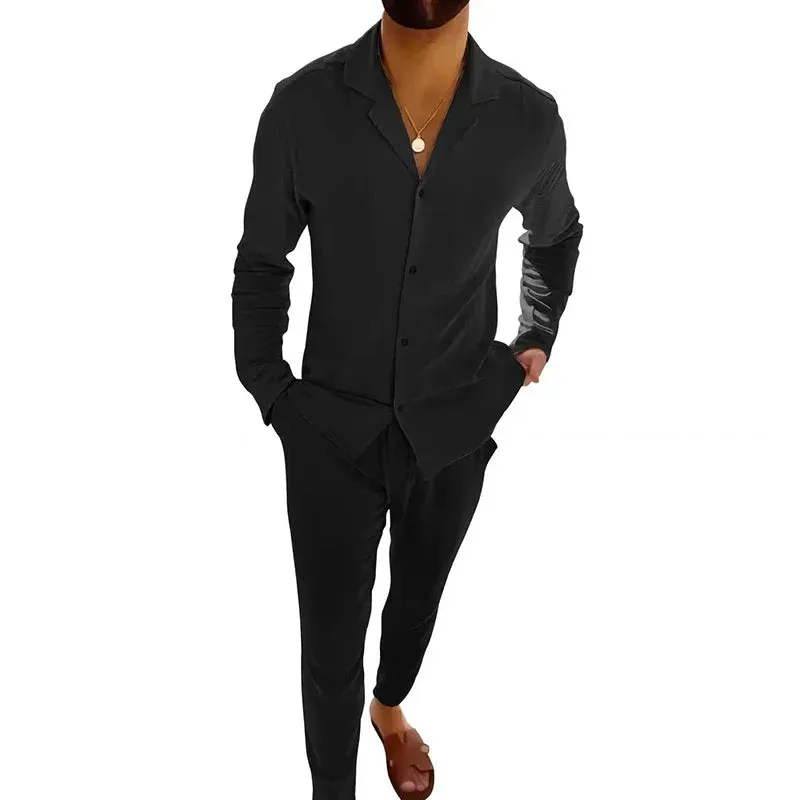 Men's Long Sleeve Button Shirts Top And Drawstring Pants Sets