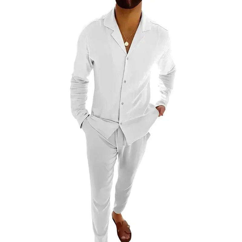 Men's Long Sleeve Button Shirts Top And Drawstring Pants Sets