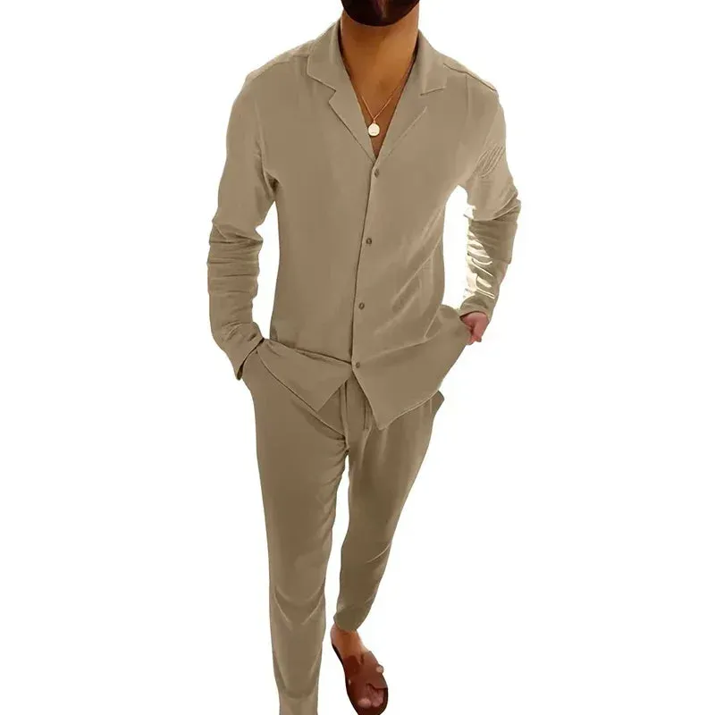 Men's Long Sleeve Button Shirts Top And Drawstring Pants Sets