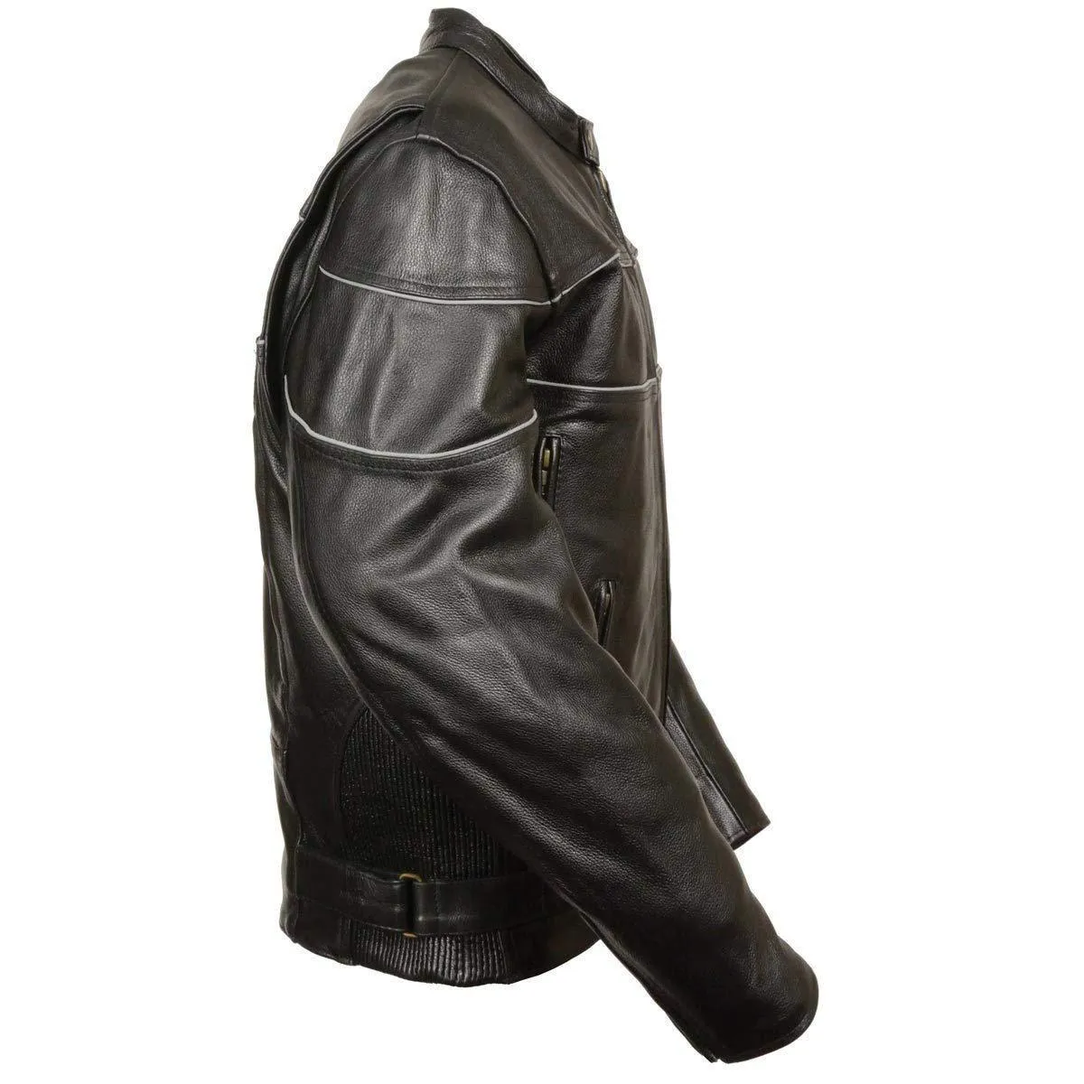 Milwaukee Leather SH1785 Men's Black Leather Scooter Style Motorcycle Jacket w/ Side Stretch and Reflective Piping