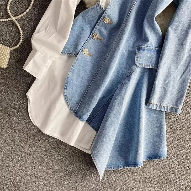 New Fashion Irregular Denim Long Sleeve Shirt Dress Polo Skirt     S4065