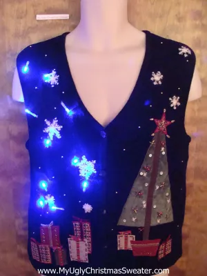 Nighttime Tree and Gifts Light Up Ugly Xmas Sweater Vest