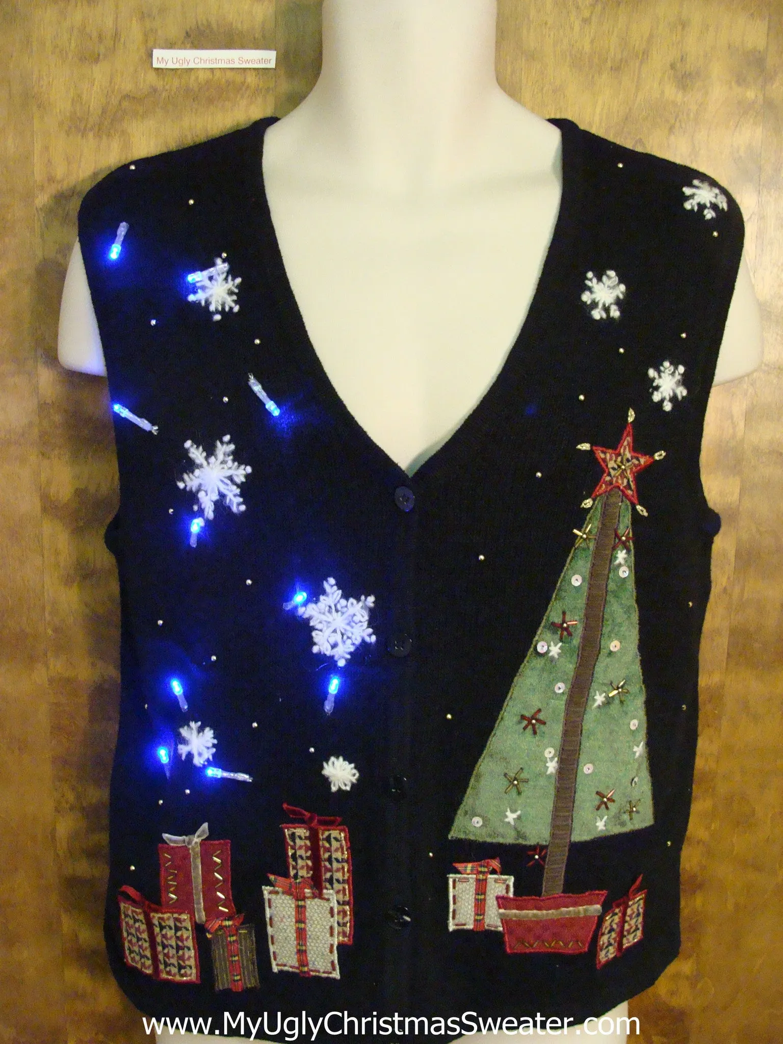 Nighttime Tree and Gifts Light Up Ugly Xmas Sweater Vest