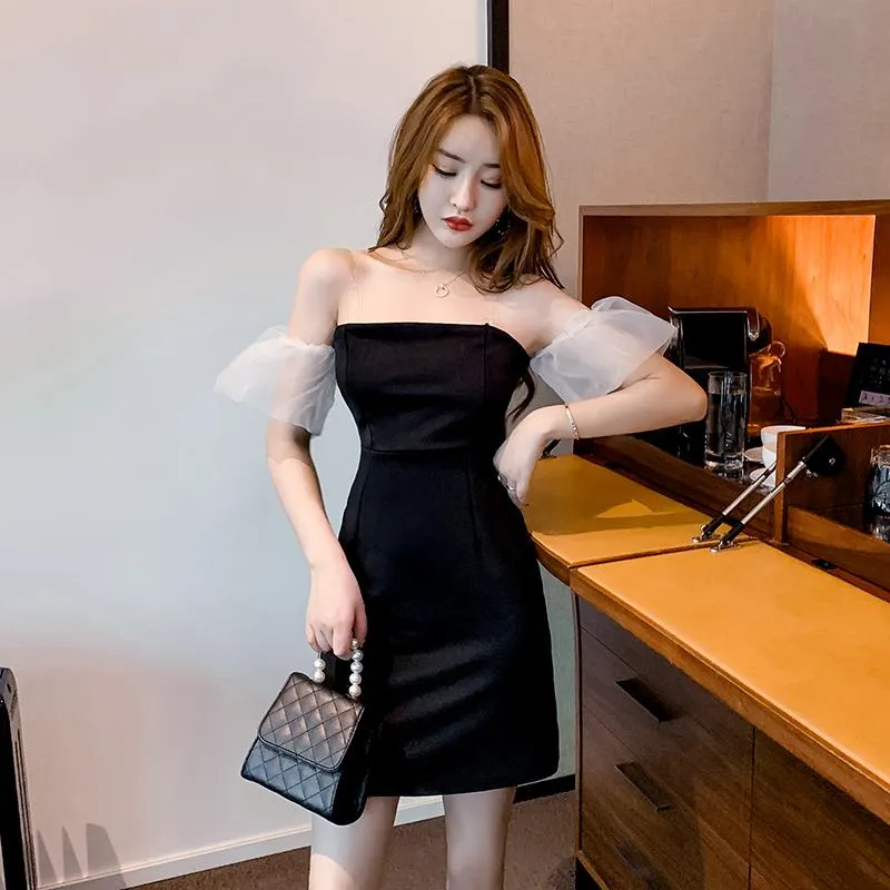 Off-Shoulder Hip-Hugging Patchwork Black Veil Dress