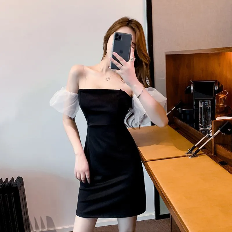 Off-Shoulder Hip-Hugging Patchwork Black Veil Dress