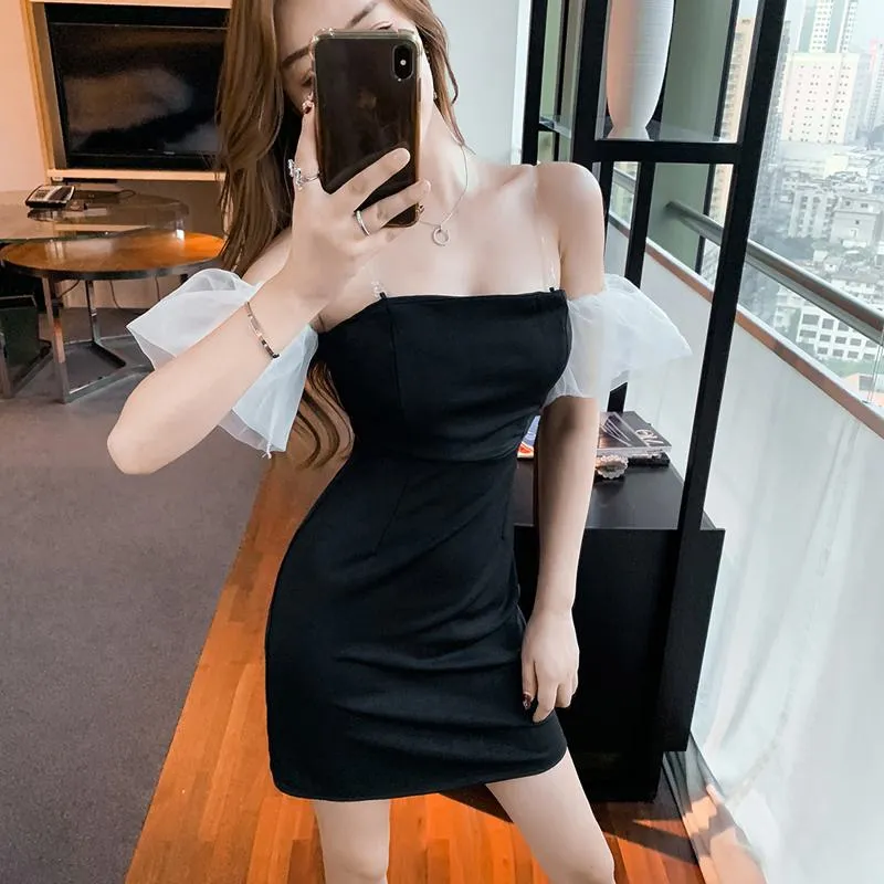 Off-Shoulder Hip-Hugging Patchwork Black Veil Dress