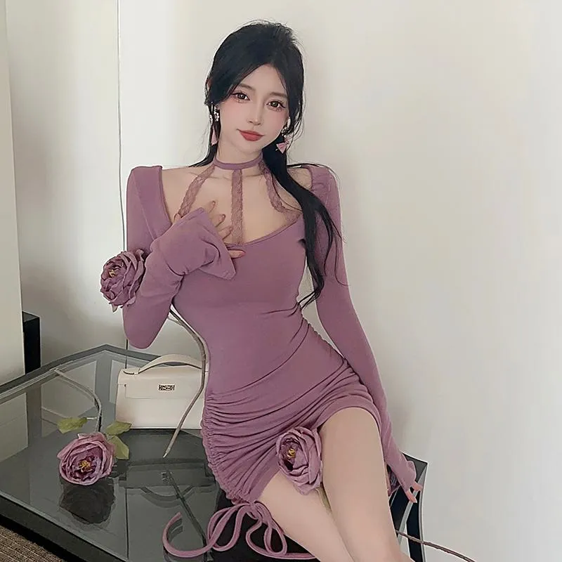 Patchwork Lace Solid Drawstring Halter Dress