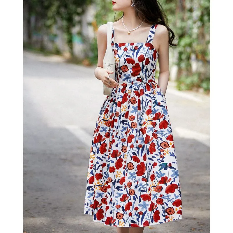 Print All Cotton Retro Sleeveless Square Collar Midi Dress
