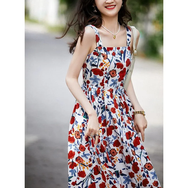 Print All Cotton Retro Sleeveless Square Collar Midi Dress