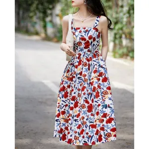 Print All Cotton Retro Sleeveless Square Collar Midi Dress
