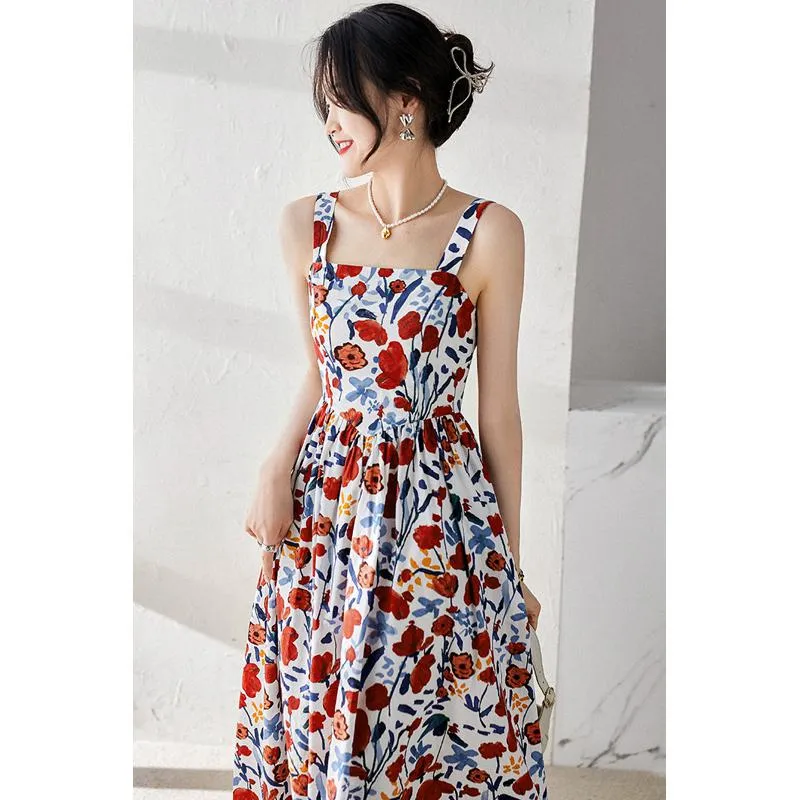 Print All Cotton Retro Sleeveless Square Collar Midi Dress