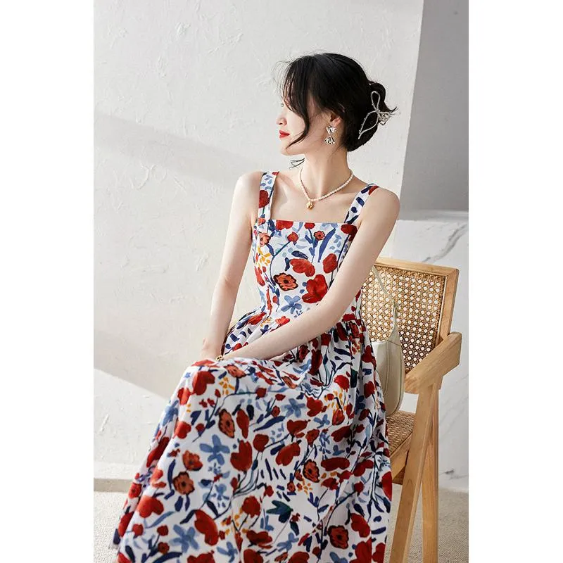 Print All Cotton Retro Sleeveless Square Collar Midi Dress